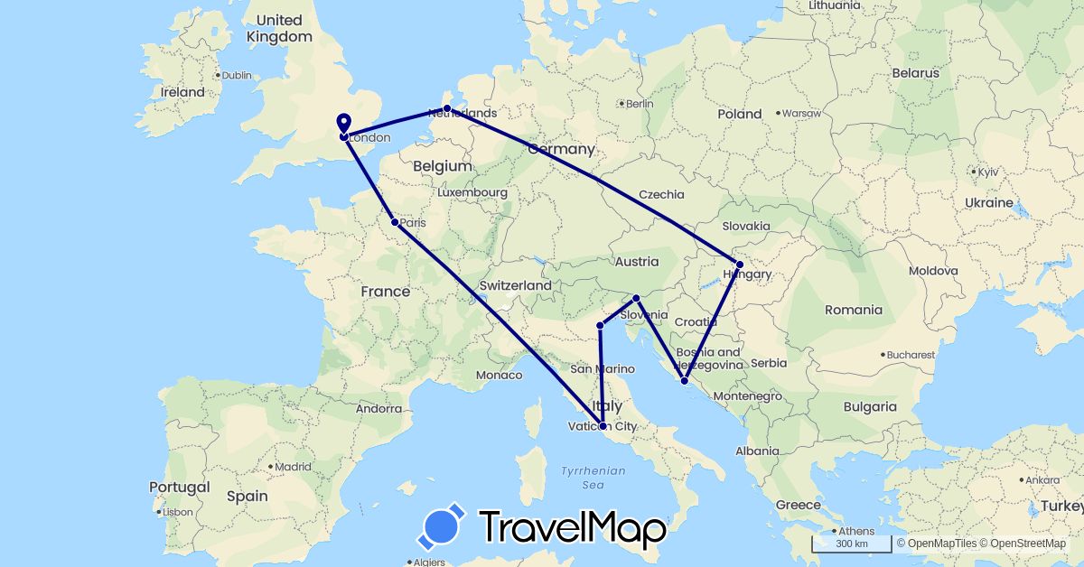 TravelMap itinerary: driving in France, United Kingdom, Croatia, Hungary, Italy, Netherlands, Slovenia (Europe)